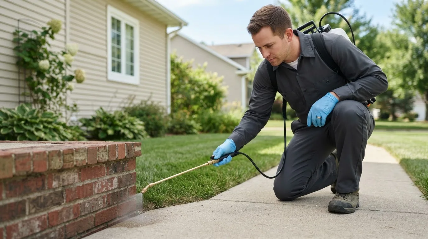 Pest control technician treating a home near New Haven, MI