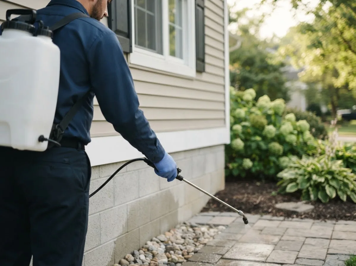 Pest control technician inspecting a home in New Haven, MI